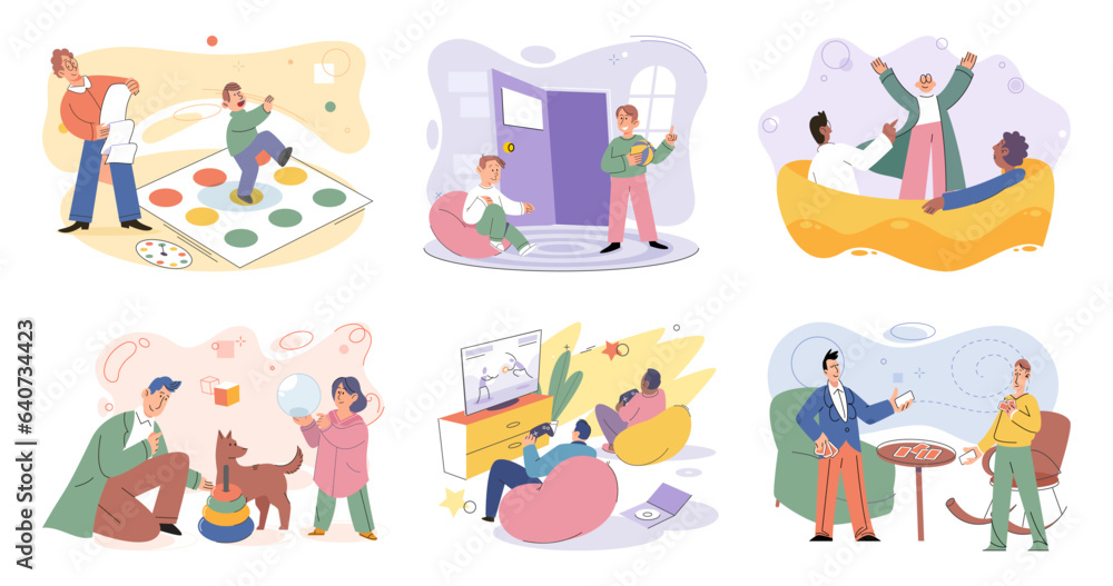 Game together. Family fun. Friendship time. Vector illustration. The laughter and excitement during game night with friends contagious Playing games with family and friends treasured pastime that