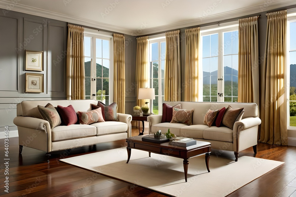 Fototapeta premium modern living room two side window , having a beautiful mountain view -Generative AI