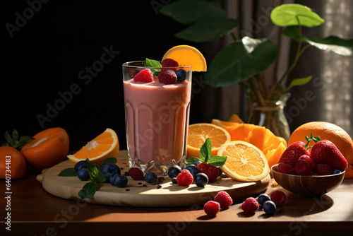 delicious and healthy fruit juices placed on the table with good lighting