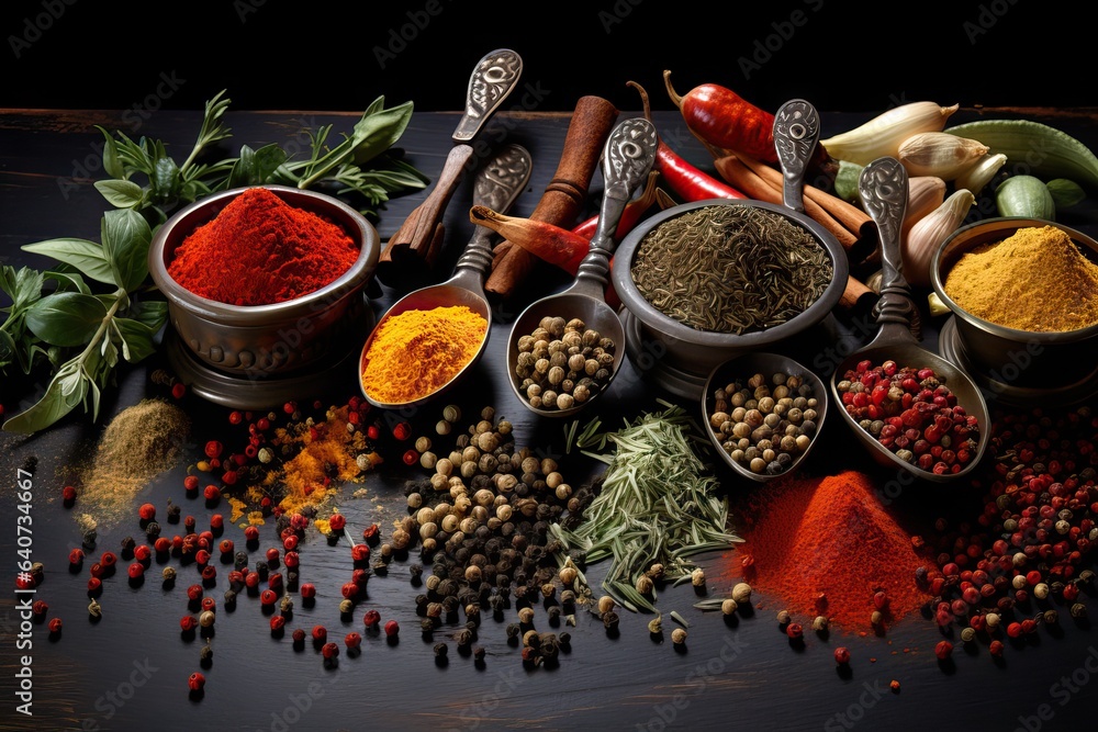 curry red collection leaf herb cardamon organic cumin coriander black seed spices allspice food group indian turmeric pepper anise ingredient seasoning aroma spice black cooking star natu background - obrazy, fototapety, plakaty 