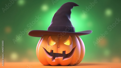 3d cute mascot cartoon character Jack O Lantern pumpkin with witches hat, coffin, zombie, bat, isolated on pastel blurred background, design for greeting card, halloween theme