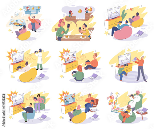 Fototapeta Naklejka Na Ścianę i Meble -  Game together. Family fun. Friendship time. Vector illustration. Engaging in game with friends brings out playful side in everyone People playing games together forge deep connections and create
