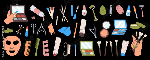 Cosmetics set. Face makeup tools. Makeup and beauty tools. Mascara, lipstick, eyeshadows, brushes, concealer, lip gloss, sponge. Vector illustration