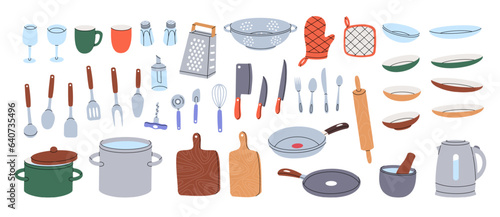 Kitchen utensils. Cooking tools, kitchenware, utensil. Ceramic plates, mug, wineglass, frying pan, sieve, colander, steel grater, mortar, rolling pin.