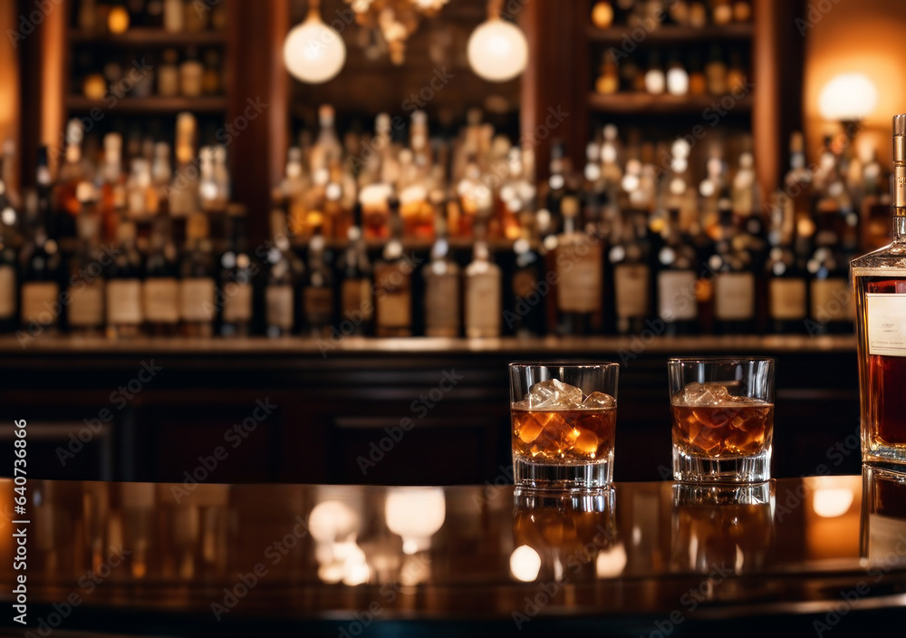 バーのカウンターに置かれた2つのウイスキーグラス Two whiskey glasses on the bar counter