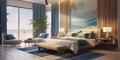 habitación con cama blanca , sofa, gran cuadro y cortinas de dolores y gran ventanal con vistas al mar al fondo photo