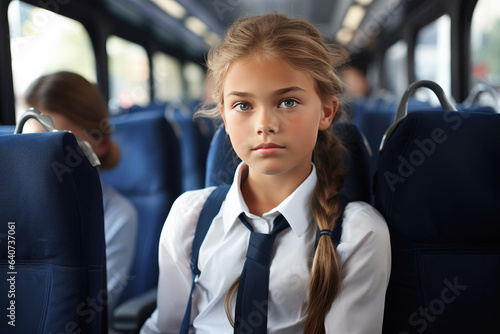 niña de pelo largo rubio con camisa blanca y corbata, yendo al colegio en el interior de un autobus con asientos azules