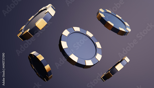 Flat golden casino chips 3D rendering. Flying casion chips. Poker 3D rendering, mono colored background. Casino chip with gold parts 3d Illustration isolated on dark background.