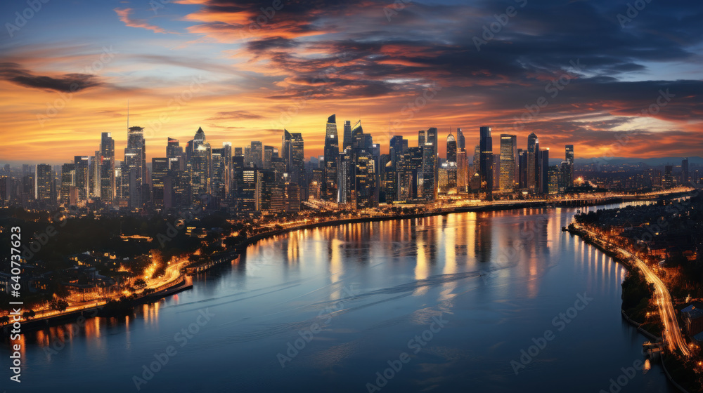Beautiful panoramic view of the city of Shanghai at sunset.
