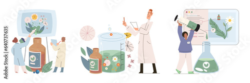 Homeopathy and herbal remedies set. Medical research laboratory diagnostics. Homeopathic treatment and phytotherapy. Traditional herb recipes of alternative medicine. Medicine pharmacy. Herbal pills