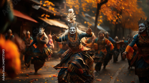 Unidentified people in traditional costume during the celebration of Nyepi festival. photo