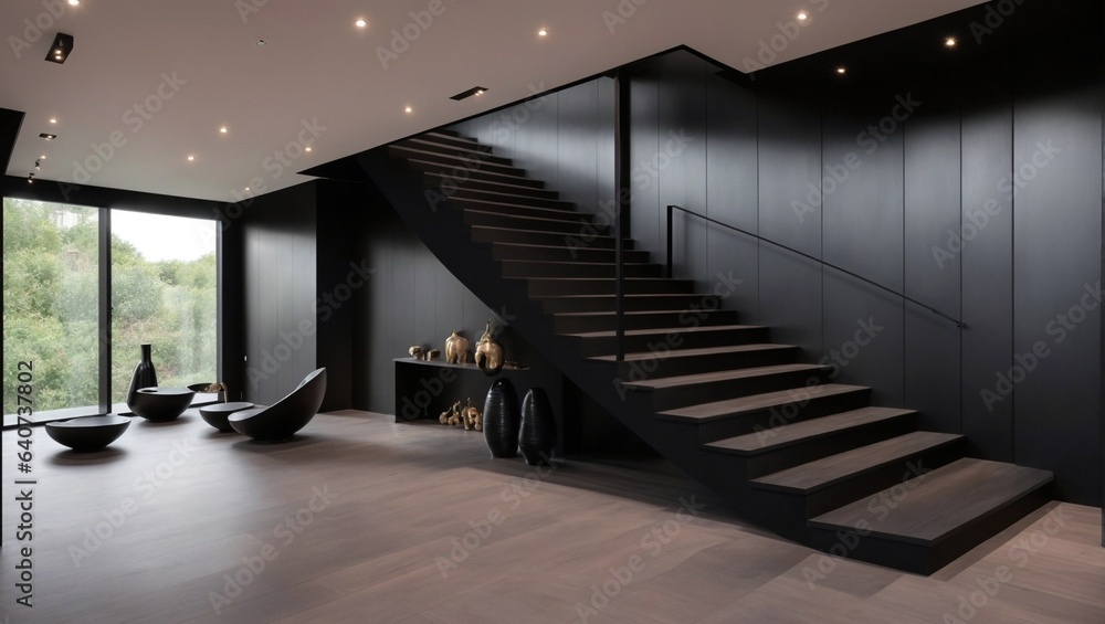 Black interior of the corridor hall with black stylish stairs under lamp on table and sofas near windows
