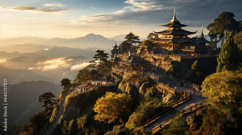 Sunset at the buddhist temple in the mountains of China. - obrazy, fototapety, plakaty 