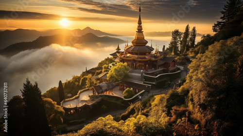 Buddhist temple in the mountains at sunset  Chiang Mai  Thailand.