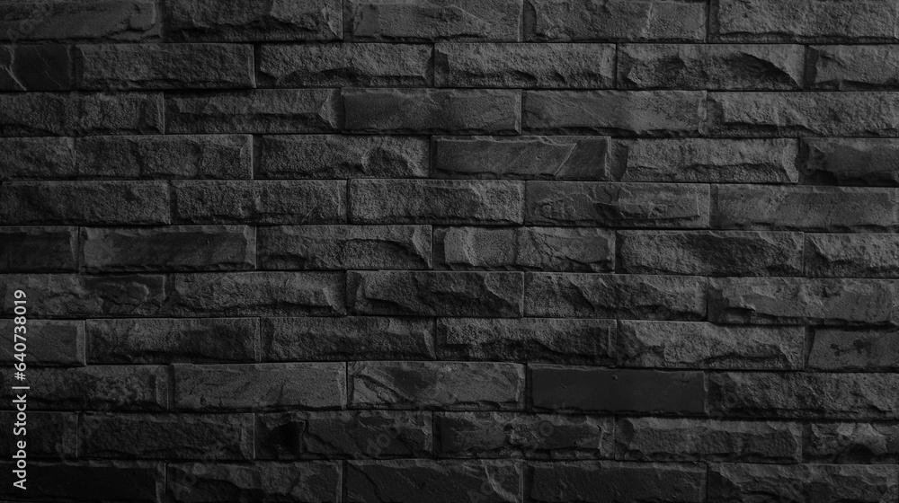 aged brick stone wall in dark black color tone, close up view, used as background with blank space for design. gray color of modern style design decorative uneven cracked real stone wall surface.