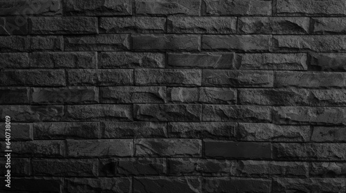 aged brick stone wall in dark black color tone, close up view, used as background with blank space for design. gray color of modern style design decorative uneven cracked real stone wall surface.
