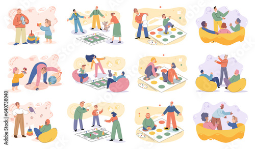 Game together. Family fun. Friendship time. Vector illustration. Family time becomes even more special when we engage in exciting board games People playing games together create joyful and vibrant