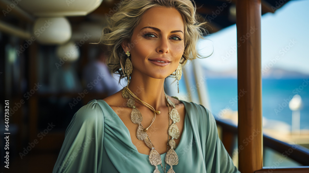 Radiant woman in 50s, adorning diamond jewellery, confidently grins 