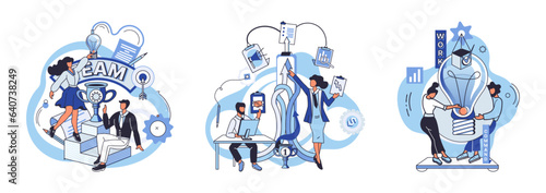 Team solving complex problems. Teamwork vector illustration metaphor. Corporate people working together for solve problem Team building, team collaboration for business idea Miniature scene of workers