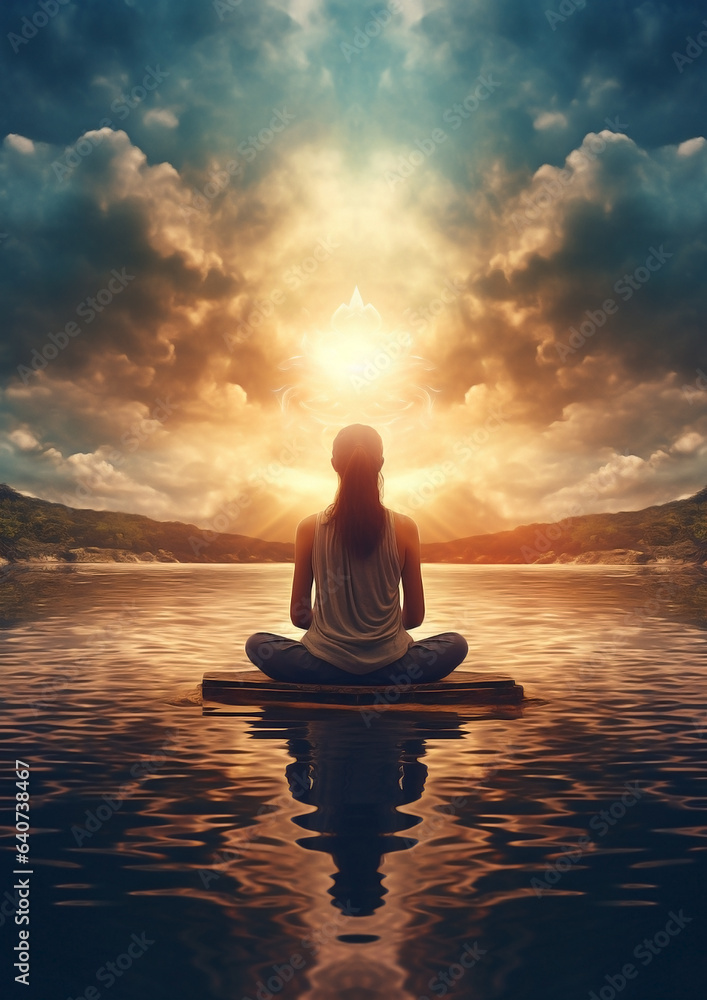 In her meditation, the beautiful woman experiences a deep self-connection, finding her essence in every breath and present moment in lotus position in the center of the frame.