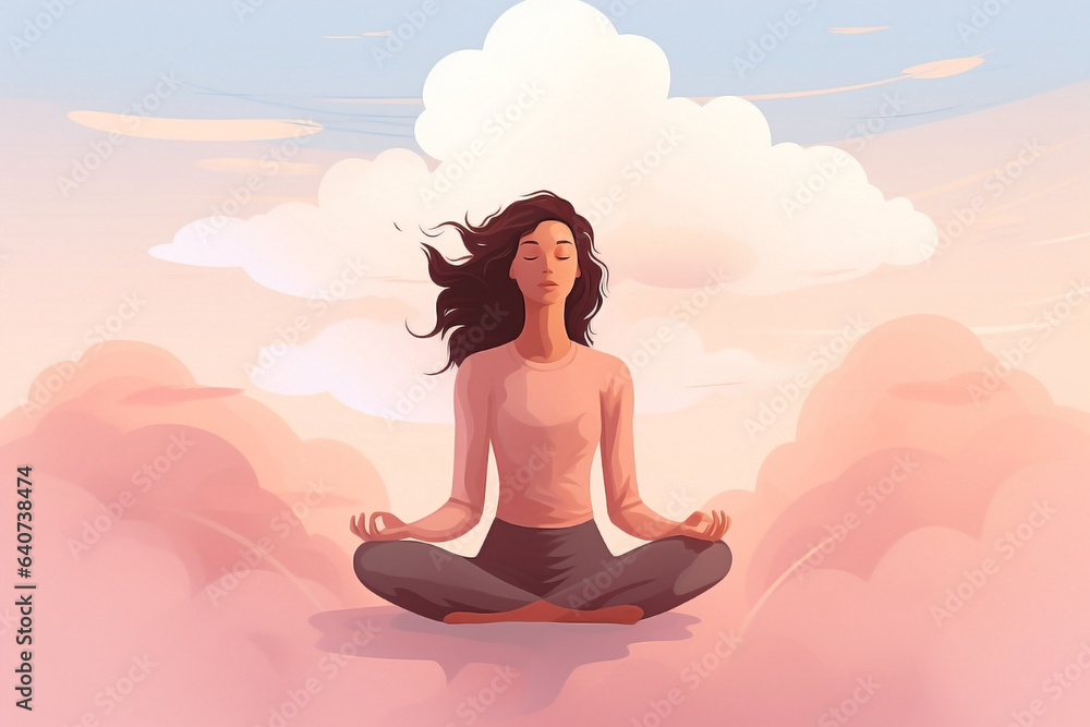 Woman in lotus position with serene expression in the center of the frame embracing pale clouds. inner silence while meditating, creating a space of stillness in her mind and heart.