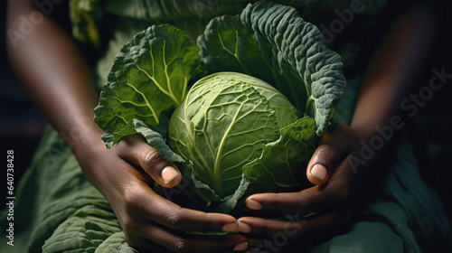 Close-up of female hands in green clothes holding cabbage on the cob. The concept of organic food, harvesting and agriculture. photo