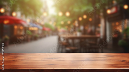 Empty wooden table for montage with blurred cafe background