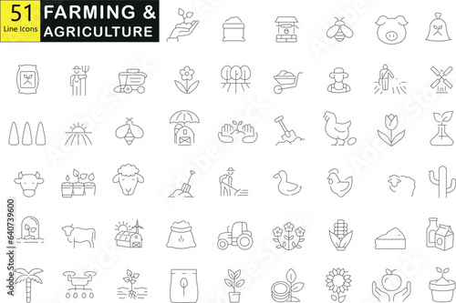 Agriculture  Farming  51 Line Icons. Black and white vector illustration featuring tractor  barn  cow  chicken  pig  sheep  bee  windmill  watering can  basket of fruits  cactus  scarecrow and more. 