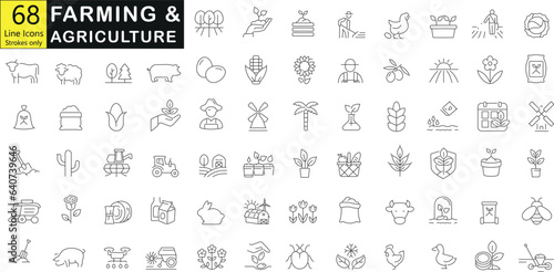 68 Line icons vector illustration  related to farming and agriculture. The icons include images of farm animals  farm equipment  plants  and buildings farming  agriculture 