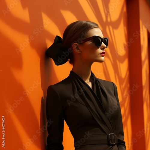 young black dressed business woman with modern sunglasses in front of a minimal architectural backdrop in orange tones