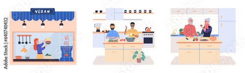 People cooking vegetarian food. Vector illustration. Chef cooks preparing food cook hands on the kitchen table. Set with people who cook and utensils. Food and cooking banner. Cooking vegatable