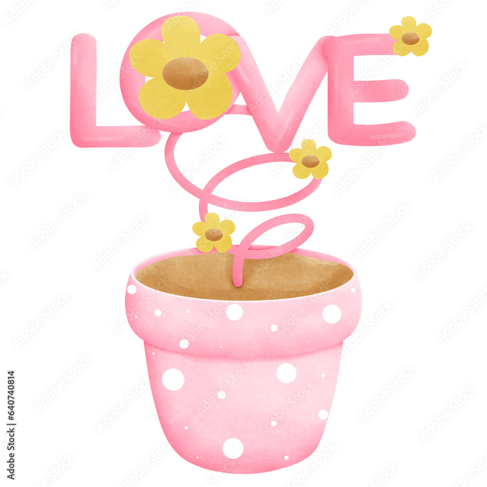 Pink heart flower and love letter illustration. Watercolor heart and love letter.