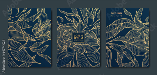 Vector japanese leaves art deco patterns. Floral golden elements template in vintage style. Luxury black line covers, flyers, brochures, packaging design, social media post, banners.