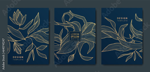 Vector japanese leaves art deco patterns. Floral golden elements template in vintage style. Luxury black line covers, flyers, brochures, packaging design, social media post, banners.