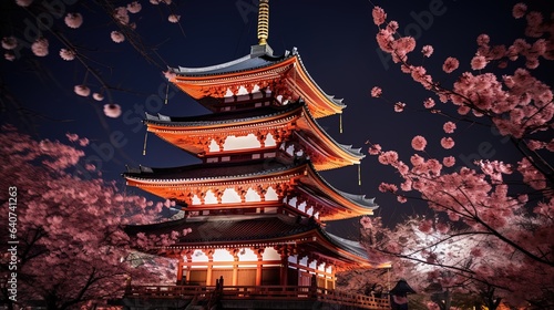A low angle view of a pagoda in Japan at night, generated by AI