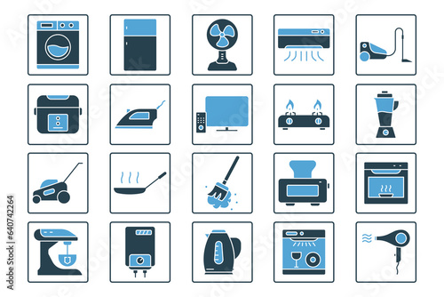 Home appliance icon set. icon related to household appliance. Containing washing machine, refrigerator, fan, vacuum cleaner, TV and more. Solid icon style design. Simple vector design editable
