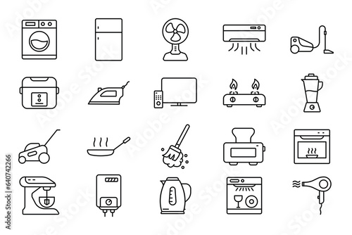 Home appliance icon set. icon related to household appliance. Containing washing machine, refrigerator, fan, vacuum cleaner, TV and more. Line icon style design. Simple vector design editable
