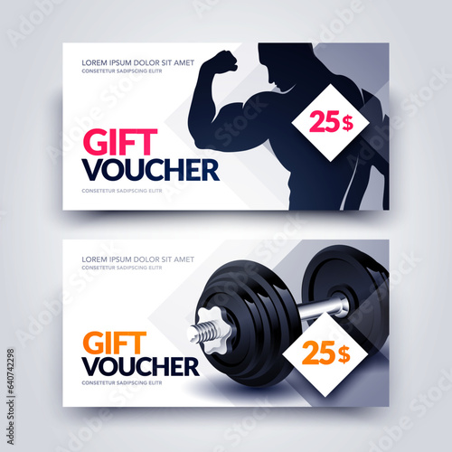 Sports Or Gym Voucher With Dumbbell And Muscular Men Silhouette