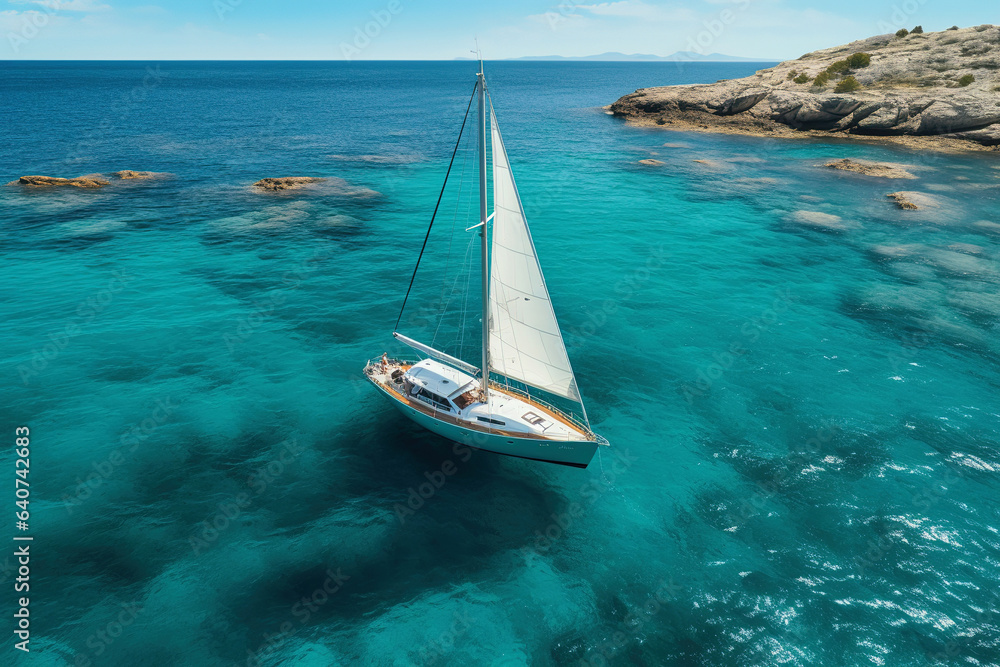 Sailing boat on turquoise water of the Mediterranean Sea. Sailing yacht anchored in a cove.