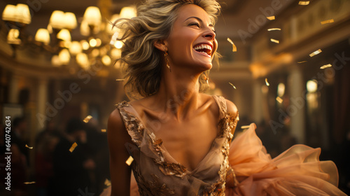Radiant lady in 50s, laughing joyfully in designer gown. Luxurious blurred ballroom background exuding wealth, elegance and high society fashion.