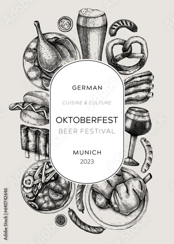 Oktoberfest wreath in collage style. German food and drinks menu design. Meat dishes sketches. German cuisine vintage frame. Traditional beer festival sketched illustration. Oktoberfest party
