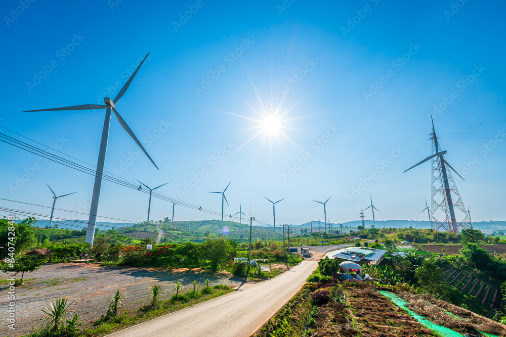Wind turbines on hill in the khao kho park, Thailand. Clean energy, eco power energy, Green energy.