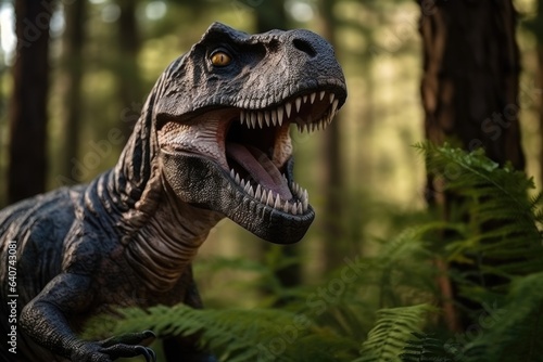 Dinosaur t-rex with open jaws in a pine forest, close-up. © Владимир Солдатов
