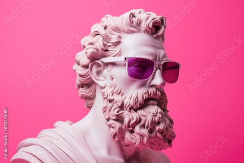 Greek sculpture of the god Zeus wearing rose-colored glasses on a pink background.