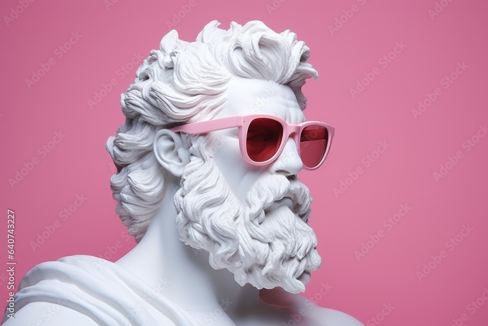 Greek sculpture of the god Zeus wearing rose-colored glasses on a pink background. Greek sculpture of the god Zeus wearing rose-colored glasses on a pink background.
