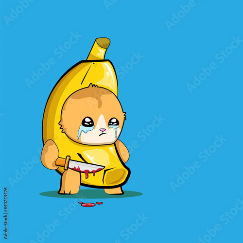 Banana Cat holding bloody knife vector isolated on blue background. Funky Sad banana cat meme with knife cartoon vector sticker, label and icon for printing on t shirt. Halloween funky illustration
