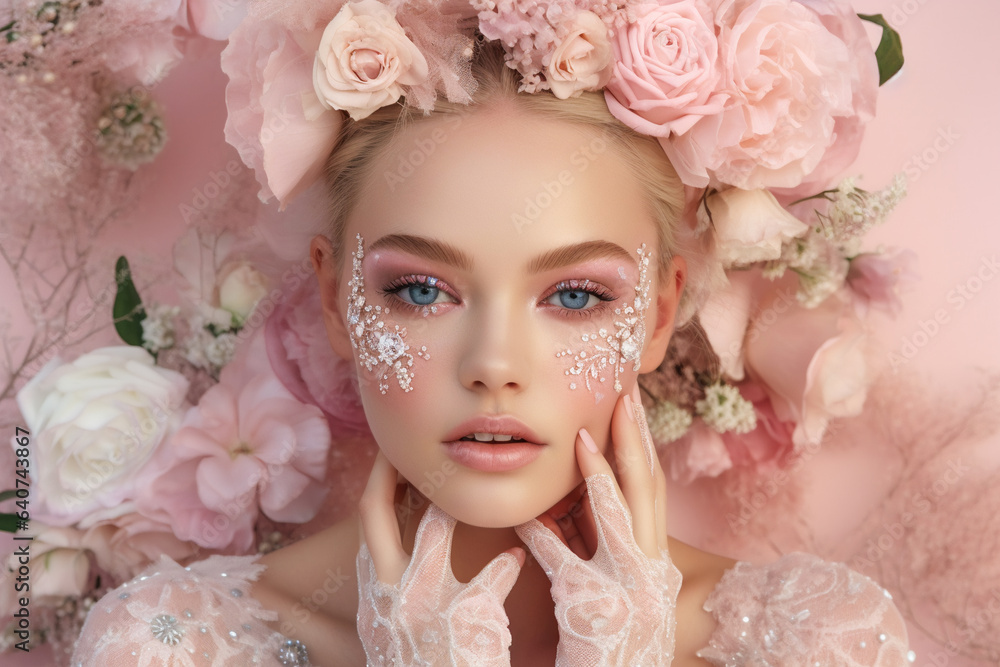 Obraz premium Enchanted Beauty. Glamorous Floral Portrait. AI Generated