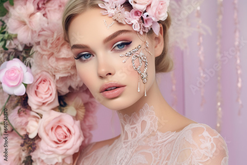 Enchanted Beauty. Glamorous Floral Portrait. AI Generated