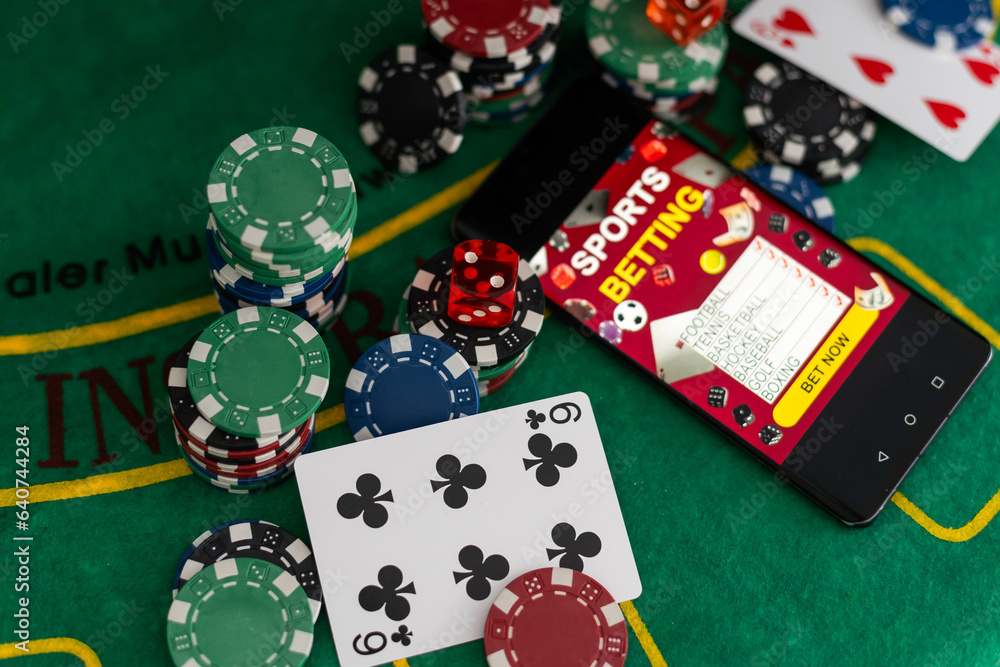 Fototapeta premium Poker game with set of chips, dice and playing card on green background