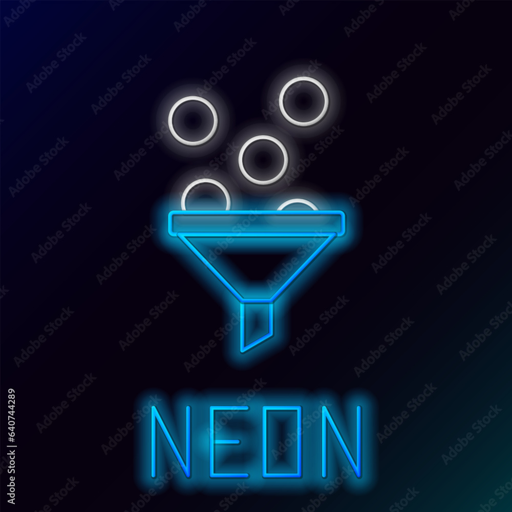 Glowing neon line Lead management icon isolated on black background. Funnel with money. Target client business concept. Colorful outline concept. Vector Glowing neon line Lead management icon isolated on black background. Funnel with money. Target client business concept. Colorful outline concept. Vector